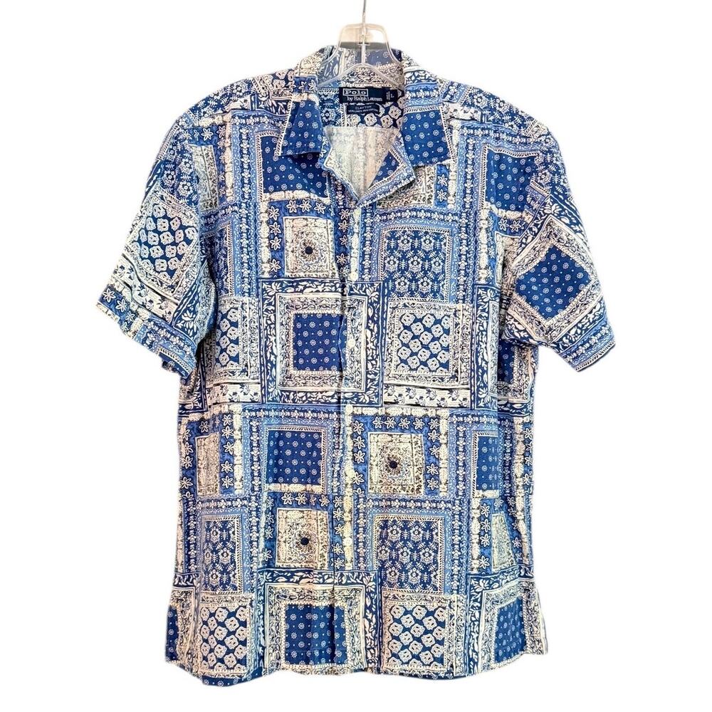 Vintage Polo Ralph Lauren Clayton Bandana Patchwork Camp Shirt Blue White Large